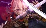  1boy 1girl armor bandaged_hand bandages battle blurry clash film_grain floral_print genshin_impact grey_eyes grey_hair hair_between_eyes highres holding holding_sword holding_weapon japanese_armor kaedehara_kazuha katana long_hair mole mole_under_eye multicolored_hair okura_shito pauldrons ponytail purple_eyes purple_hair raiden_shogun red_eyes red_hair reflection shoulder_armor single_pauldron sode solo_focus sparks streaked_hair sword tile_floor tiles weapon 