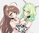  2girls absurdres ahoge animal_print asymmetrical_docking bell bikini black_choker braid breast_press breasts brown_eyes brown_hair ceres_fauna choker closed_mouth cow_print cowbell flower green_hair hair_flower hair_ornament highres hololive hololive_english large_breasts long_hair looking_at_viewer magui3 medium_breasts multiple_girls nanashi_mumei neck_bell ponytail print_bikini swimsuit upper_body virtual_youtuber wavy_hair yellow_eyes 