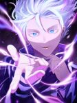  1boy absurdres blue_eyes electricity eyelashes fingernails gojou_satoru hair_between_eyes highres jujutsu_kaisen male_focus parted_lips pili_0 solo upper_body white_hair wind 