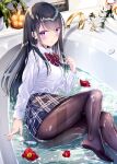  1girl bangs bath bathing bathtub black_hair black_pantyhose blue_skirt blush bow bowtie candle collared_shirt feet flower hair_ornament hairclip hand_up highres kobayashi_chisato long_hair long_sleeves lying on_side original pantyhose parted_lips plaid plaid_skirt pleated_skirt purple_eyes red_bow red_bowtie school_uniform shirt skirt solo thighs water wet wet_clothes white_shirt 