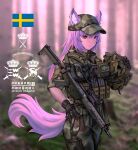  1girl animal_ear_fluff animal_ears assault_rifle bangs baseball_cap borrowed_character bulletproof_vest camouflage camouflage_headwear camouflage_pants commission cowboy_shot ears_through_headwear fang_zhenjun gloves gun hand_on_hip hat headwear_removed helmet helmet_removed holding holding_helmet long_hair looking_at_viewer military military_uniform mixed-language_commentary original pants purple_hair purple_tail red_eyes rifle soldier solo swedish_flag tactical_clothes tail translation_request uniform weapon weapon_request 