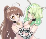  2girls absurdres ahoge animal_print asymmetrical_docking bell bikini black_choker braid breast_press breasts brown_eyes brown_hair ceres_fauna choker closed_mouth cow_print cowbell flower green_hair hair_flower hair_ornament highres hololive hololive_english large_breasts long_hair looking_at_viewer magui3 medium_breasts mole mole_under_eye multicolored_hair multiple_girls nanashi_mumei neck_bell ponytail print_bikini revision streaked_hair swimsuit upper_body virtual_youtuber wavy_hair white_hair yellow_eyes 