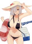  1girl absurdres alternate_costume bikini black_bikini blue_eyes breasts commentary_request cooler cowboy_shot grey_hair hair_over_one_eye hamakaze_(kancolle) hat highres innertube kantai_collection large_breasts short_hair solo standing straw_hat sun_hat swimsuit umbrella wasavi_8 