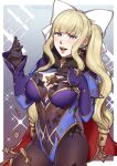  1girl bangs black_gloves blonde_hair blunt_bangs blush bodystocking breasts cape capelet charlotte_(fire_emblem) coin commission cosplay elbow_gloves fire_emblem fire_emblem_fates fur-trimmed_capelet fur_trim genshin_impact gloves gold_trim highleg highleg_leotard highres hiomaika large_breasts leotard long_hair mona_(genshin_impact) mona_(genshin_impact)_(cosplay) open_mouth smile solo strapless strapless_leotard thighlet twintails twitter_username 