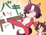  2girls animal_ears bangs brown_hair chibi commentary_request ear_ornament empty_eyes eyepatch fence gomashio_(goma_feet) hair_over_one_eye horse_ears horse_girl horse_tail kicking multiple_girls red_track_suit short_hair tail tanino_gimlet_(umamusume) translated umamusume vodka_(umamusume) wooden_fence |_| 