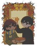  2boys black_eyes black_hair black_sweater blush bow bright_pupils brown_eyes brown_hair green_jacket holding holding_leaf jacket kel_(omori) leaf long_sleeves looking_away multiple_boys omori parted_lips s_(sameru) scarf short_hair sunny_(omori) sweater white_pupils yellow_bow zipper zipper_pull_tab 