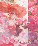  1girl :d back_bow bangs bare_shoulders bouquet bow choker collarbone curly_hair detached_sleeves dress english_text fine_(futagohime) floral_background flower fushigiboshi_no_futago_hime gloves hair_ornament heart heart_hair_ornament highres holding holding_bouquet long_dress looking_at_viewer maccha_(mochancc) open_mouth pink_bow pink_dress pink_flower pink_nails plant princess red_dress red_eyes red_hair short_sleeves single_glove sleeveless sleeveless_dress smile solo standing tiara v white_background white_flower white_gloves yellow_choker 