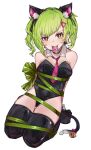  1girl animal_ear_fluff animal_ears appleseed_(appleseed_art) bangs bare_shoulders bell black_leotard black_thighhighs blush bound breasts cat_ears cat_tail condom condom_in_mouth condom_wrapper delutaya detached_collar earrings fake_animal_ears green_ribbon grey_hair highres indie_virtual_youtuber jewelry jingle_bell leotard medium_breasts medium_hair mouth_hold necktie red_eyes red_necktie ribbon ribbon_bondage saliva simple_background solo strapless strapless_leotard tail tail_bell tail_ornament thighhighs triangle_hair_ornament virtual_youtuber white_background 