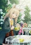  1girl absurdres animal_ears arknights ascot bangs belt_pouch black_skirt blonde_hair blurry blurry_background chair coat collar collared_shirt commentary cookie cowboy_shot dog_ears dog_girl flower food garden glass_table green_coat green_eyes green_tea greenhouse herb highres holding holding_teapot long_hair long_sleeves looking_at_viewer miike_(992058) open_clothes open_coat open_mouth podenco_(arknights) pouch shirt skirt smile solo table tea teapot teeth upper_teeth white_shirt yellow_ascot 
