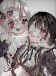  2girls :d absurdres bangs black_ribbon blood blood_on_face blunt_bangs blush broken_glass brown_hair buttons clothing_request colored_inner_hair commentary_request eyelashes eyepatch facing_viewer feet_out_of_frame gauze glass grey_background grey_eyes hanataro_(sruvhqkehy1zied) hand_in_another&#039;s_hair hands_up highres knees_up long_hair looking_at_another multicolored_hair multiple_girls one_eye_covered open_hands open_mouth original parted_lips pink_eyes pink_hair pink_nails ribbon simple_background sleeves_past_elbows smile sweat teeth tongue two-tone_hair upper_body upper_teeth white_hair 