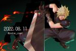  1boy aqua_eyes armor baggy_pants bandaged_arm bandages belt blonde_hair blue_pants blue_shirt boots brown_footwear buster_sword cloud_strife dated fighting_stance final_fantasy final_fantasy_vii final_fantasy_vii_remake fire full_body gloves green_background hair_between_eyes hair_over_one_eye highres holding holding_sword holding_weapon looking_at_viewer male_focus materia multiple_belts pants shadow shirt short_hair shoulder_armor sleeveless sleeveless_shirt spiked_hair squatting suspenders sword twitter_username weapon zodiac_crest 