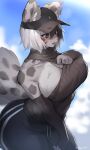  anthro artist_name big_breasts blush bodily_fluids breasts clothing countershade_face countershade_torso countershading cute_fangs felid feline female fluffy fluffy_tail fur grey_body grey_eyes grey_fur hat headgear headwear hi_res huge_breasts inner_ear_fluff mammal pulling_clothing side_boob solo spots spotted_body spotted_fur suurin_2 sweat sweater sweaty_breasts thick_thighs topwear tuft wide_hips 