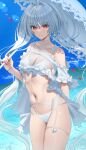  1girl bikini breasts cleavage collarbone fate/grand_order fate/grand_order_arcade fate_(series) faton frills hair_intakes highres long_hair medium_breasts merlin_(fate/prototype) midriff navel parasol red_eyes smile solo swimsuit twintails umbrella very_long_hair white_hair 