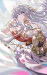  1girl anastasia_(fate) bangs blue_eyes blush breasts cleavage doll dress fate/grand_order fate_(series) hair_over_one_eye hairband highres jewelry large_breasts long_hair looking_to_the_side neck_ring necklace pendant shino_(eefy) very_long_hair viy_(fate) white_dress white_hair 