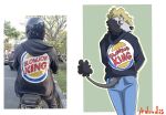  adondis anthro bottomwear burger_king canid canine canis clothed clothing denim denim_clothing domestic_dog fellatio floppy_ears hi_res hoodie humor jeans logo looking_back male mammal meme motorcycle oral pants penile poodle russell_(adondis) sex solo topwear vehicle 