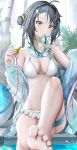  1girl absurdres ahoge arknights bikini black_hair blue_eyes breasts foot_up hair_bun hair_intakes hair_ornament hairclip highres holding holding_whistle id_card la_pluma_(arknights) la_pluma_(summer_flowers)_(arknights) lanyard looking_at_viewer medium_breasts mouth_hold nopetroto official_alternate_costume sitting soaking_feet soles solo swimsuit thigh_strap whistle white_bikini 