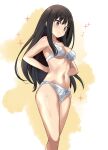  1girl arms_behind_back black_hair bra breasts closed_mouth commentary_request inoue_takina long_hair looking_down lycoris_recoil medium_breasts mutsumi_masato navel panties purple_eyes solo standing underwear underwear_only white_bra white_panties 