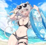  1girl ;d absurdres ahoge animal_ears arm_strap ass_visible_through_thighs beach bikini black_bikini black_choker blue_sky blush bracelet breasts choker cleavage collarbone cowboy_shot day dog_tags eyewear_on_head green_eyes hand_on_eyewear highres hololive innertube jewelry large_breasts lion_ears lion_girl lion_tail long_hair looking_at_viewer minatasiro navel o-ring ocean one_eye_closed open_mouth outdoors shishiro_botan sky smile solo stomach sunglasses swimsuit tail thigh_strap v-shaped_eyebrows water 