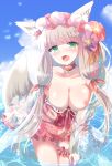  1girl :d absurdres animal_ears bangs blue_sky blush breasts brown_hair choker cloud collarbone commentary_request day dress fang floral_print flower fox_ears fox_girl fox_tail frilled_dress frills hair_flower hair_ornament hair_ribbon highres innertube kuriyuzu_kuryuu long_hair looking_at_viewer maho_(princess_connect!) medium_breasts nipples orange_ribbon outdoors princess_connect! print_dress purple_flower red_choker red_dress red_flower ribbon sky smile solo tail very_long_hair water 