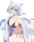  1girl absurdres animal_ear_fluff animal_ears bikini black_bikini black_choker blue_eyes breasts choker commentary_request copyright_request dated hair_between_eyes highres jacket kichihachi large_breasts looking_at_viewer navel short_hair side-tie_bikini simple_background solo swimsuit thighs twitter_username white_background white_hair white_jacket zipper 