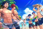  6+boys abs bara beach black_hair black_male_swimwear blonde_hair blue_hair cloud day food fruit green_hair hat holding holding_food holding_fruit holding_innertube holding_water_gun innertube large_pectorals looking_at_another male_focus male_swimwear multiple_boys muscular muscular_male navel nipples open_mouth original outdoors pectorals purple_hair red_hair short_hair sky smile straw_hat summer swim_briefs torakichi_(ebitendon) twitter_username water_gun watermelon white_male_swimwear 