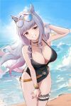  1girl animal_ears arm_up bangs bare_arms bare_shoulders belt black_choker black_swimsuit blue_sky blunt_bangs breasts brown_belt choker cleavage commentary_request cowboy_shot day ema_(kuguiema) eyewear_on_head gold_ship_(run_revolt_launcher)_(umamusume) gold_ship_(umamusume) grey_hair grin hand_in_own_hair honjitsu_no_shuyaku horse_ears large_breasts long_hair looking_at_viewer ocean one-piece_swimsuit pink_eyes sky smile solo standing sunglasses swimsuit thigh_strap thighs umamusume water 