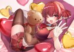  1girl ascot bangs bodysuit bodysuit_under_clothes breasts brooch commentary_request gloves hair_ribbon heart heart_pillow highres hololive houshou_marine jewelry large_breasts looking_at_viewer one_eye_closed open_mouth pillow pleated_skirt red_eyes red_ribbon red_skirt ribbon sideboob sitting skirt smile solo stuffed_animal stuffed_toy teddy_bear thighhighs thighs twintails virtual_youtuber white_gloves yoshioka_pochi 
