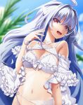  1girl ahoge bangs bare_shoulders bikini blue_sky blurry blurry_background breasts cleavage commentary_request day depth_of_field fate/prototype fate_(series) grey_hair hair_between_eyes hair_intakes hand_up highres long_hair looking_at_viewer medium_breasts merlin_(fate/prototype) navel outdoors red_eyes sky solo swimsuit very_long_hair wapokichi white_bikini 