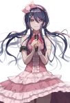  1girl bangs bare_shoulders blue_hair bow cowboy_shot danganronpa:_trigger_happy_havoc danganronpa_(series) dress frilled_dress frills grey_background hair_between_eyes hairband holding holding_microphone long_hair looking_at_viewer low_twintails maizono_sayaka microphone official_alternate_costume pink_bow pink_dress pink_hairband raito47 shiny shiny_hair simple_background smile solo twintails white_dress 