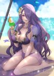  1girl beach breasts camilla_(fire_emblem) fire_emblem fire_emblem_fates fire_emblem_heroes hair_ornament hair_over_one_eye holding juice large_breasts long_hair navel open_mouth purple_eyes purple_hair purple_swimsuit sitting snow20200 solo swimsuit very_long_hair 