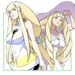  2girls blonde_hair blue_eyes blue_lips border breasts cleavage cosplay covered_navel dianna_soreil green_border gundam hair_tubes hat highres kenchi kihel_heim lillie_(pokemon) lillie_(pokemon)_(cosplay) long_hair low-tied_long_hair lusamine_(pokemon) lusamine_(pokemon)_(cosplay) medium_breasts multiple_girls open_mouth outside_border pokemon pokemon_(game) pokemon_sm sidelocks smile sun_hat turn_a_gundam very_long_hair white_background white_headwear 