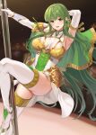  1girl armpits breasts commission elbow_gloves fire_emblem fire_emblem_echoes:_shadows_of_valentia fire_emblem_heroes fuooooo gloves green_eyes green_hair highres large_breasts legs long_hair looking_at_viewer open_mouth palla_(fire_emblem) pole_dancing skeb_commission solo sweat thighhighs very_long_hair white_thighhighs 