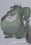  abdominal_bulge after_vore anthro belly big_belly chef_hat clothing crocodile crocodilian crocodylid hand_on_stomach hat hauoli47 headgear headwear hi_res male reptile same_size_vore scalie vore 