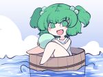  1girl ball barefoot blush_stickers bucket fang fried_rice0614 green_eyes green_hair hair_bobbles hair_ornament holding holding_ball kisume one-hour_drawing_challenge open_mouth short_hair smile solo touhou twintails water 