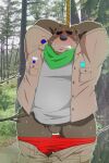 2022 anthro balls black_nose blush bodily_fluids bottomwear bottomwear_down bound brown_body clothed clothing eyes_closed genitals hi_res kemono male mammal outside overweight overweight_male pants pants_down partially_clothed real rope shibatanukiti shirt solo sweat topwear underwear underwear_down ursid 