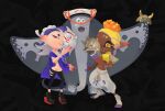  2girls asymmetrical_hair baggy_pants big_man_(splatoon) blue_hair cephalopod_eyes chest_sarashi commentary crop_top english_commentary fangs frye_(splatoon) highres inoue_seita looking_at_viewer mask mask_removed multiple_girls official_art orange_hair pants pointy_ears sarashi shiver_(splatoon) smile splatoon_(series) splatoon_3 tentacle_hair 