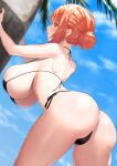  1girl ass bangs bent_over bikini black_bikini blush breasts cameltoe greem_bang hair_bun highres huge_ass huge_breasts looking_at_viewer orange_eyes orange_hair parted_lips single_hair_bun swimsuit thighs wet yahari_ore_no_seishun_lovecome_wa_machigatteiru. yuigahama_yui&#039;s_mother 