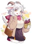  anthro autumn bottomwear bovid brown_horn caprine cardigan clothing duo female food fur ginkgo_leaf goat hair hi_res horn kemono licking licking_lips long_ears looking_at_viewer mammal miniskirt ningenzoo pink_nose plant scarf shoulder_bag skirt sweater sweater_vest sweet_potato tongue tongue_out topwear vegetable vest white_body white_fur white_hair yellow_eyes 