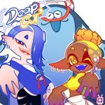  2girls asymmetrical_hair big_man_(splatoon) blue_hair chest_sarashi crop_top dark-skinned_female dark_skin fangs frye_(splatoon) hair_over_one_eye k0smic_aries looking_at_viewer multiple_girls one_eye_closed open_mouth pose red_eyes sarashi shiver_(splatoon) smile splatoon_(series) splatoon_3 tentacle_hair 