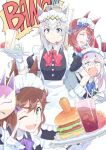  4girls ahoge alternate_costume brown_hair burger carrot cup drinking_glass drinking_straw eating enmaided fang food fox_mask fox_shadow_puppet french_fries grey_hair honjitsu_no_shuyaku horse_girl inari_one_(umamusume) long_hair maid maid_headdress mask multiple_girls oguri_cap_(umamusume) super_creek_(umamusume) t-okada tamamo_cross_(umamusume) tray twintails umamusume 