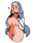  1girl blonde_hair blue_eyes blush breasts bridget_(guilty_gear) chastity_cage fingerless_gloves flaccid flashing futanari gloves green_eyes guilty_gear guilty_gear_strive habit highres large_breasts long_hair looking_at_viewer navel newhalf nipples nun nyantcha penis small_penis smile solo testicles transgender 