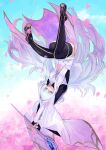  1girl arms_up bodystocking fate/grand_order fate/grand_order_arcade fate_(series) fingerless_gloves gloves gyoukan_(jfxc) highres long_hair merlin_(fate/prototype) petals pink_eyes smile solo staff upside-down very_long_hair white_hair zettai_ryouiki 