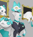  anthro biped blue_body butt deltarune domestic_cat fangs felid feline felis female hi_res mammal one_eye_closed pawpads paws portrait_(object) tasque tasque_manager undertale_(series) video_games weapon white_body yellow_eyes yoru_vida 