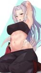  1girl abs absurdres arm_up armpits au_ra black_pants blue_background breasts brown_eyes commission dragon_girl dragon_horns dragon_tail final_fantasy final_fantasy_xiv grey_hair hand_in_own_hair highres horns large_breasts long_hair navel open_mouth pants rika_(akarika057) scales sitting solo stomach strapless tail tube_top two-tone_background v-shaped_eyebrows very_long_hair white_background yokozuwari 