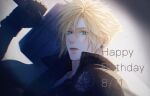  0_ebj 1boy aqua_eyes armor black_gloves black_shirt blonde_hair cloud_strife earrings final_fantasy final_fantasy_vii final_fantasy_vii_advent_children first_ken gloves gradient gradient_background hair_between_eyes happy_birthday high_collar highres holding holding_sword holding_weapon jewelry looking_at_viewer male_focus open_collar parted_lips shirt short_hair shoulder_armor single_earring sleeveless sleeveless_shirt solo spiked_hair sword upper_body weapon wolf 