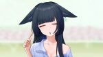  1girl :o absurdres animal_ears bangs black_hair blue_shirt blunt_bangs blurry blurry_background blush breasts chestnut_mouth cleavage closed_eyes collarbone commentary_request drooling ears_down eyelashes fox_ears hand_up highres holding holding_toothbrush indoors long_hair mangshe_jiao medium_breasts miyabi_(zenless_zone_zero) mouth_drool off_shoulder open_mouth pajamas shirt sidelocks single_bare_shoulder sleeping sleeping_upright solo toothbrush upper_body zenless_zone_zero 