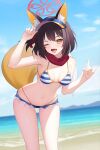  1girl ;d absurdres animal_ear_fluff animal_ears bare_arms beach bikini bikini_under_clothes blue_archive blue_sky blurry blurry_background breasts brown_hair cowboy_shot cutoffs day denim denim_shorts eyeliner fang fox_shadow_puppet halo hand_on_headwear highres horizon izuna_(blue_archive) izuna_(swimsuit)_(blue_archive) leaning_forward looking_at_viewer makeup medium_breasts micro_shorts mountainous_horizon navel negi3 ocean one_eye_closed outdoors red_eyeliner red_scarf scarf short_hair shorts skin_fang sky smile solo standing stomach string_bikini striped striped_bikini sunlight swimsuit thighs visor_cap yellow_eyes 