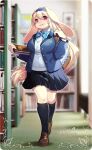  accessory anthro blazer book bottomwear bow_tie clothing female hair_accessory hairband hi_res high_school japanese_school_uniform kemono lagomorph leporid library looking_at_viewer mammal ningenzoo pleated_skirt rabbit school school_uniform skirt solo sophia_(aruurara) uniform walking_towards_viewer 