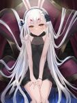 1girl animal_ears armchair azur_lane bangs bare_arms bare_shoulders black_dress black_ribbon blue_hairband breasts chair closed_mouth commentary_request covered_collarbone dress feet_out_of_frame habu_rin hair_ribbon hairband highres long_hair looking_at_viewer on_chair rabbit_ears ribbon shimakaze_(azur_lane) sitting sleeveless sleeveless_dress small_breasts smile solo very_long_hair white_hair yellow_eyes 