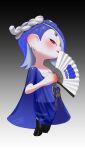  1girl absurdres asymmetrical_hair chest_sarashi commentary hair_ornament hand_fan highres looking_at_viewer octoling pointy_ears pointy_hair poncho puchiman sarashi see-through shiver_(splatoon) smile solo splatoon_(series) splatoon_3 suction_cups tentacle_hair 